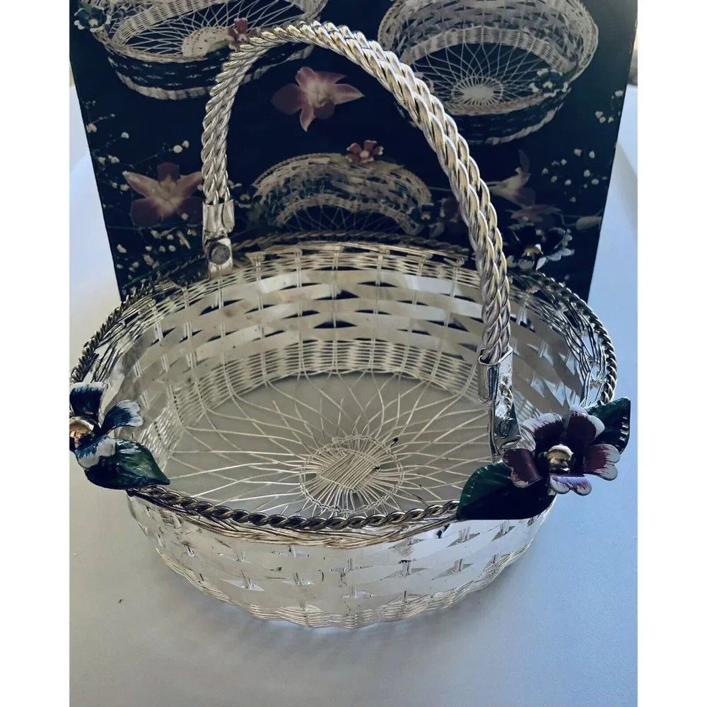 Vintage Hand Woven‎ Wire Basket Silver Plated Pretty Flowers Gift- NIB